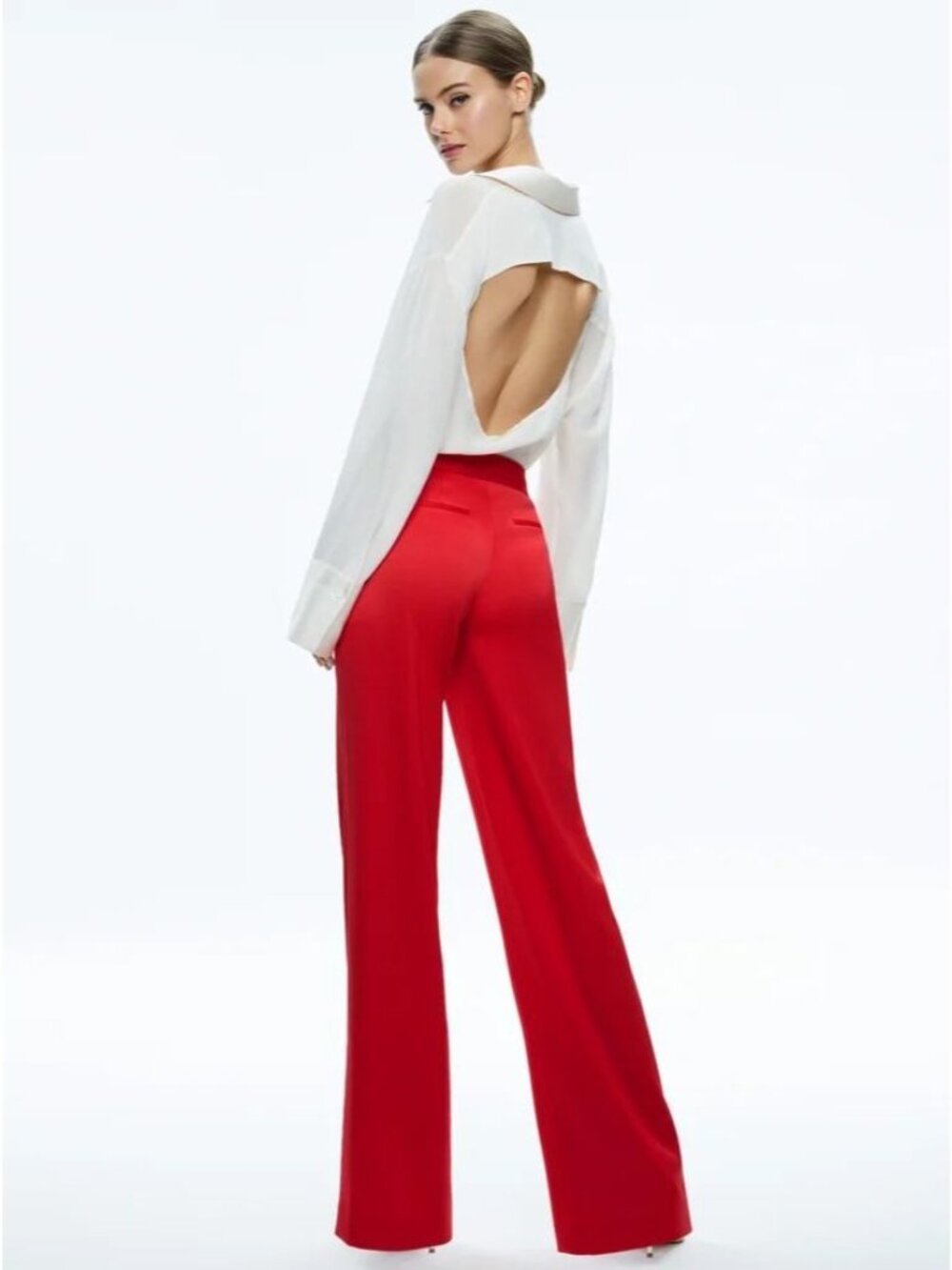 Alice + Olivia Calvin Bright Ruby High Waist Wide Leg Pants 8 - Picture 3 of 16